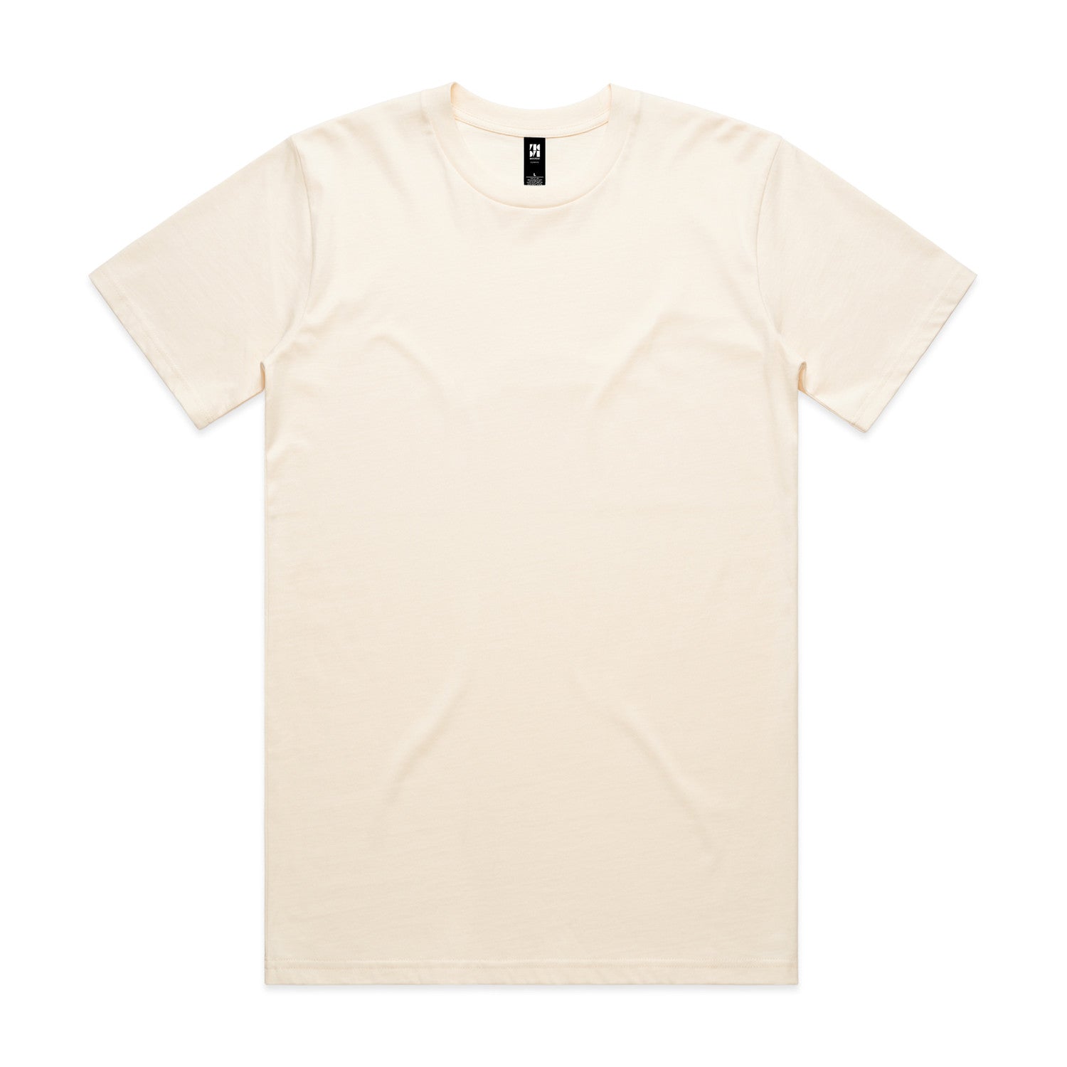 Cream-colored crew neck t-shirt with short sleeves and a small logo on the left chest.