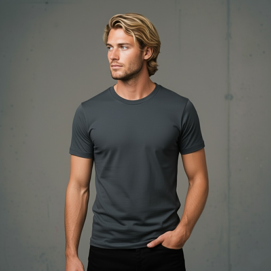 Charcoal gray crew neck t-shirt with black waistband and cuffs, made of soft cotton.