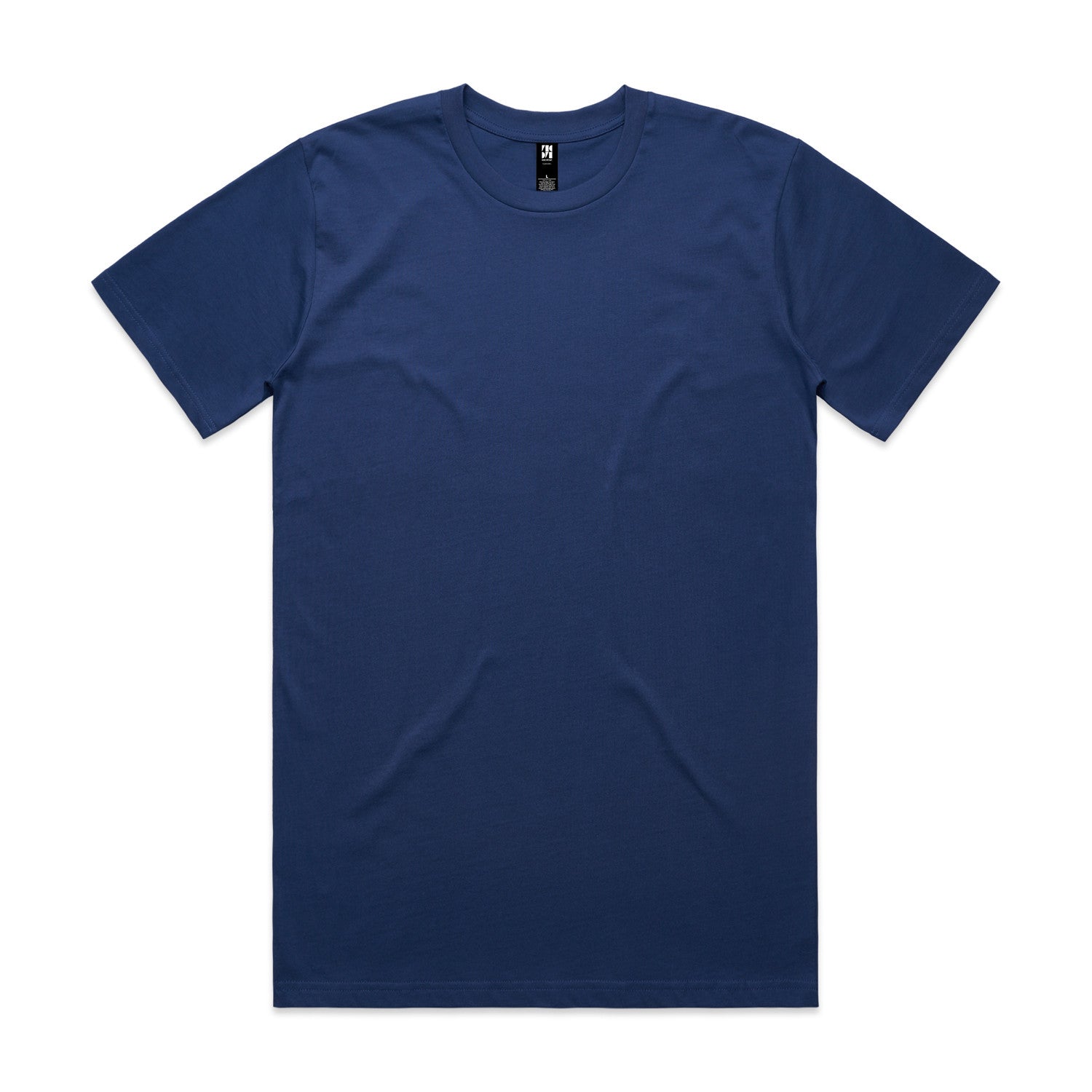 Navy blue crew neck t-shirt with short sleeves and a small logo on the chest.