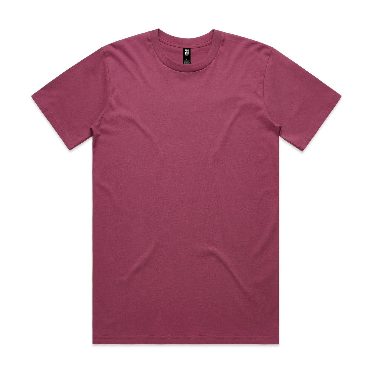 Burgundy crew neck t-shirt with black logo on left chest.
