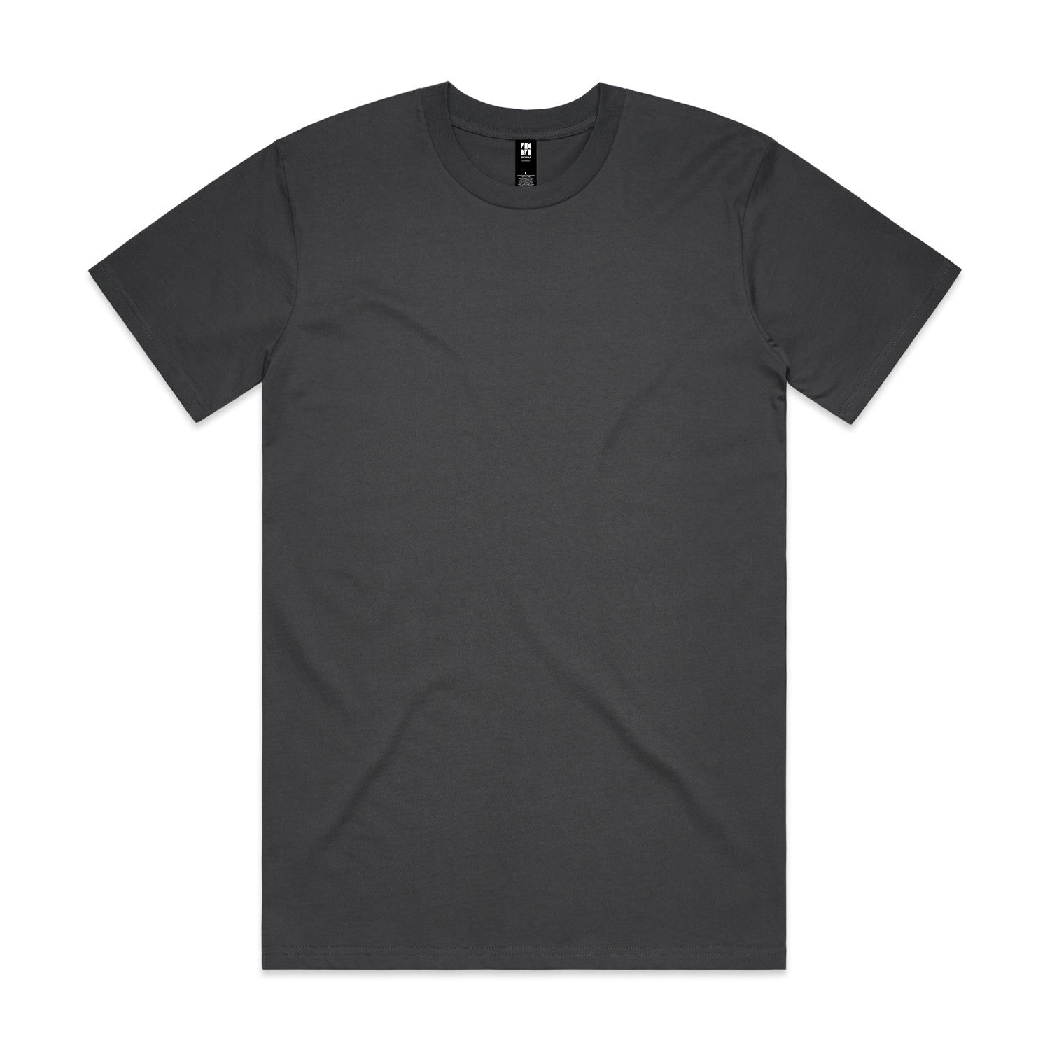 Charcoal gray crew neck t-shirt with short sleeves and a simple design.