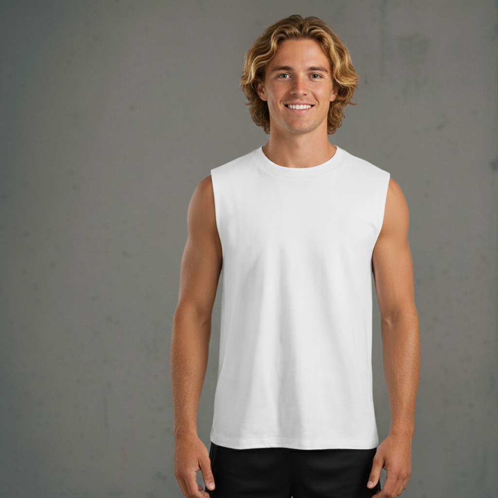 White sleeveless athletic tank top with ribbed neckline and hem, likely made of polyester or cotton blend.