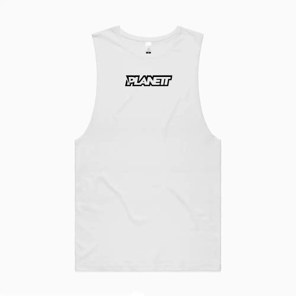 White sleeveless shirt with black lettering.