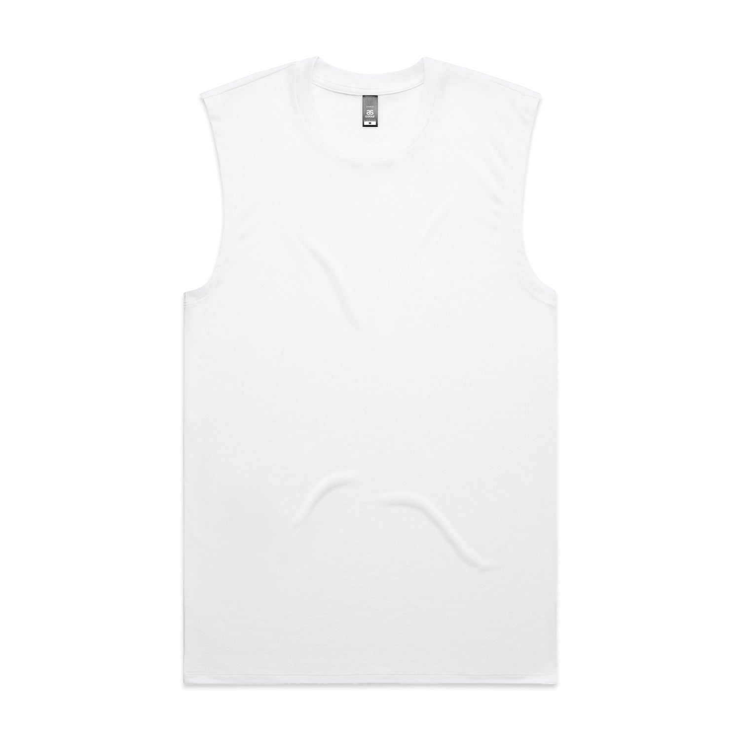 White sleeveless t-shirt with ribbed neckline and hem, likely made of cotton or polyester blend.
