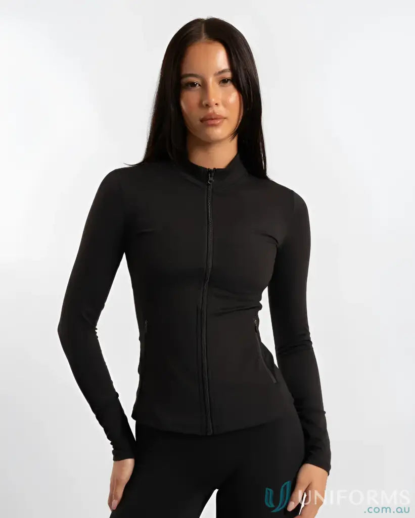 Black zip-up athletic jacket with ribbed cuffs and waistband, likely made of polyester or nylon.