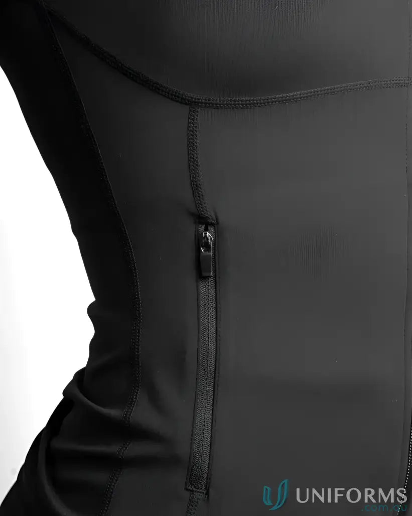 Black zippered jacket with textured fabric and sleek design.