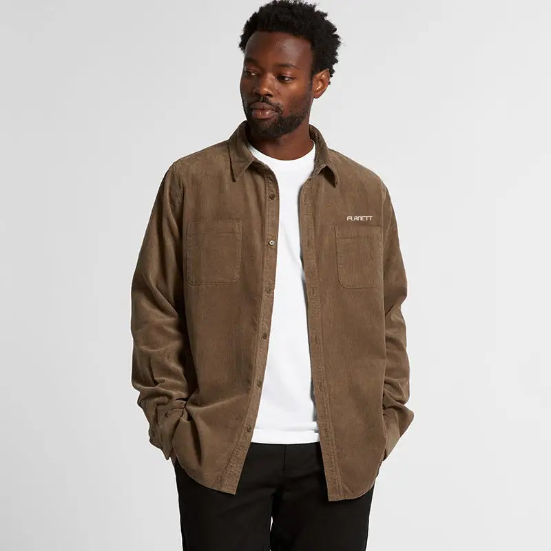 Man wearing a brown corduroy shirt.