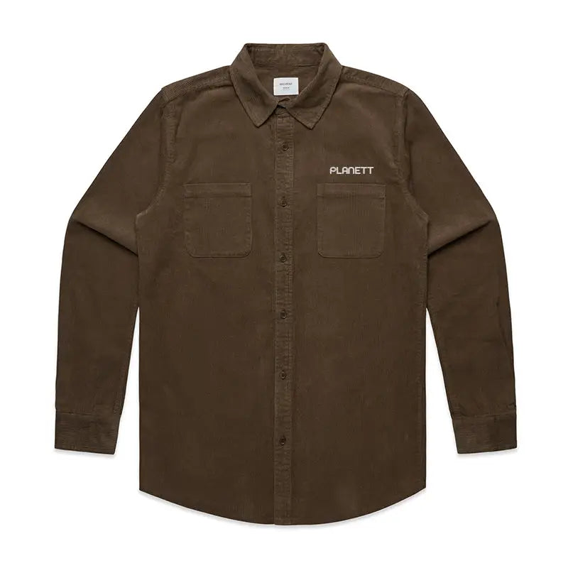 Brown corduroy button-down shirt.
