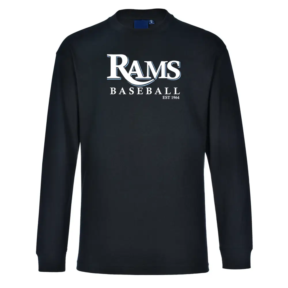 Black long-sleeved shirt with βRams Baseball Est 1964ββ printed on the front.