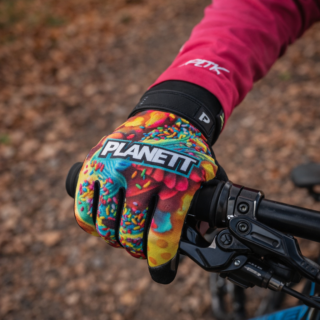 Vibrant, multicolored sprinkle-patterned planettt mountain bike glove with black wrist strap and brand logo.