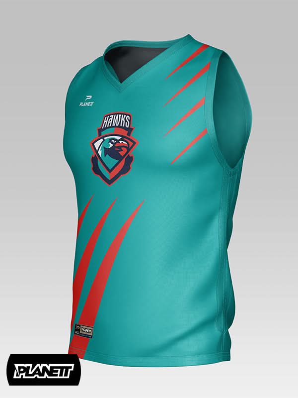 A teal sleeveless sports jersey with a V-neck, red claw mark graphics, and a ’Hawks’ logo.