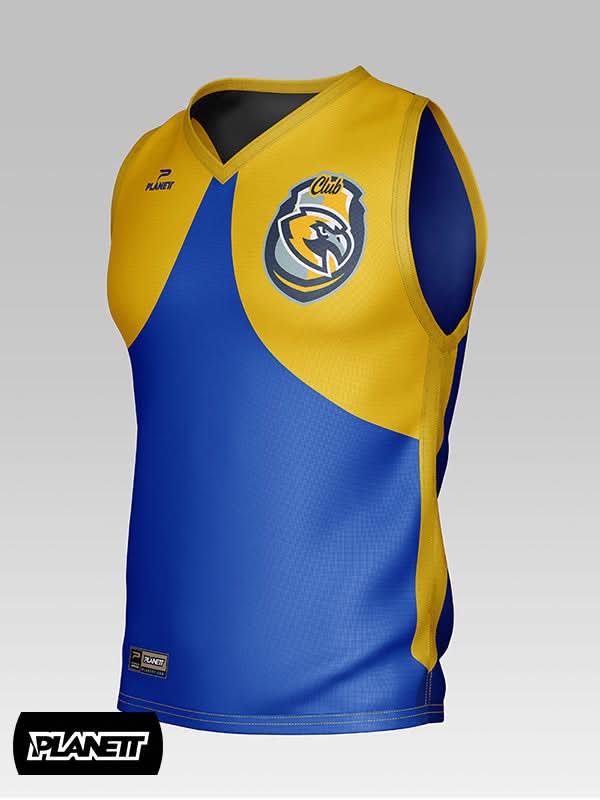 Blue and yellow sleeveless athletic jersey with a V-neck and a bird logo.