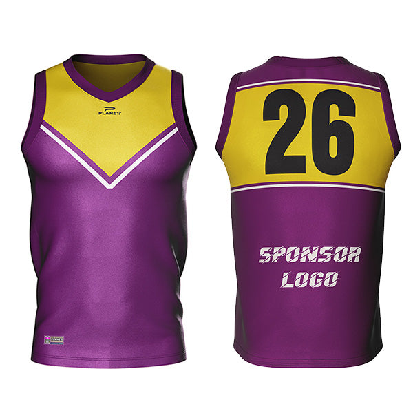 Purple and yellow sleeveless sports jersey with a V-neck.