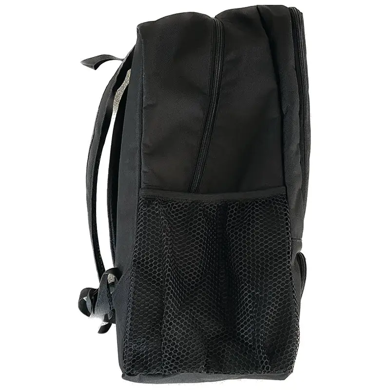 Black backpack with mesh pocket.