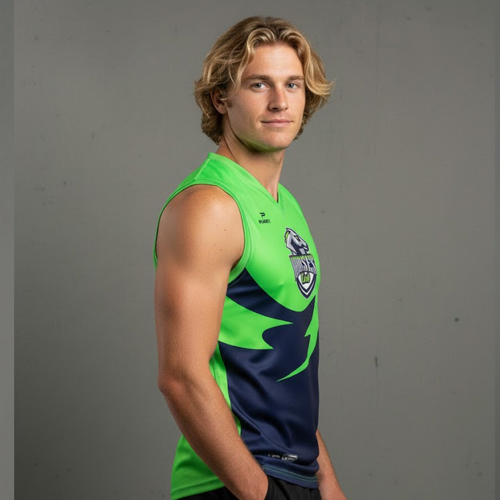 Green and navy blue sleeveless jersey with lightning bolt design, likely made of polyester or nylon.