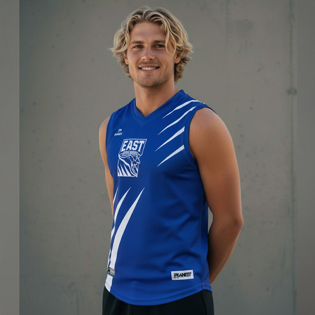 Royal blue sleeveless jersey with white and black accents, featuring a tiger logo and ’east’ text.