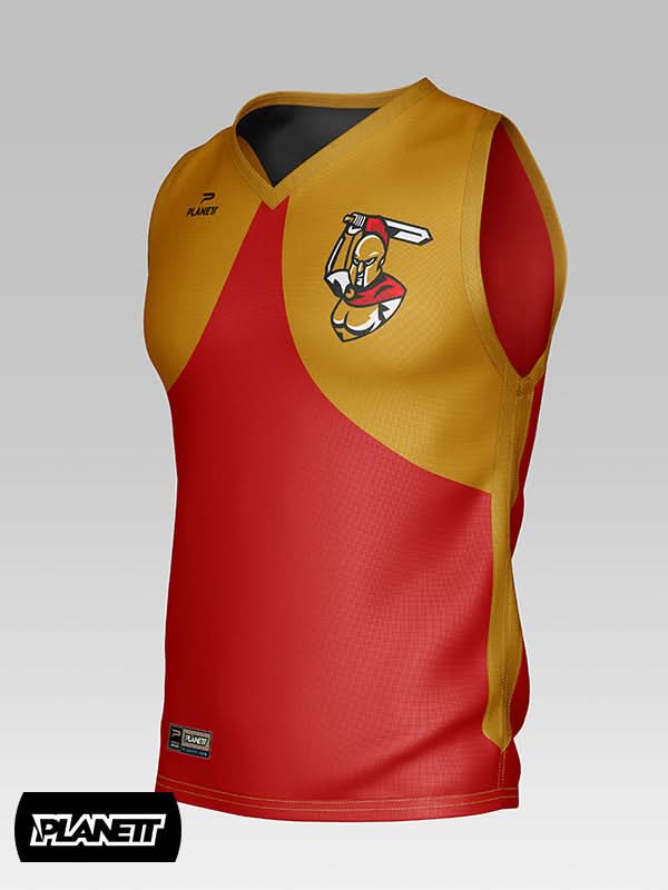 A sleeveless athletic jersey with a red and gold design and a spartan logo.