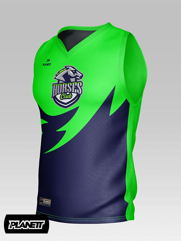 Sleeveless athletic jersey in lime green and navy blue with a horse logo.