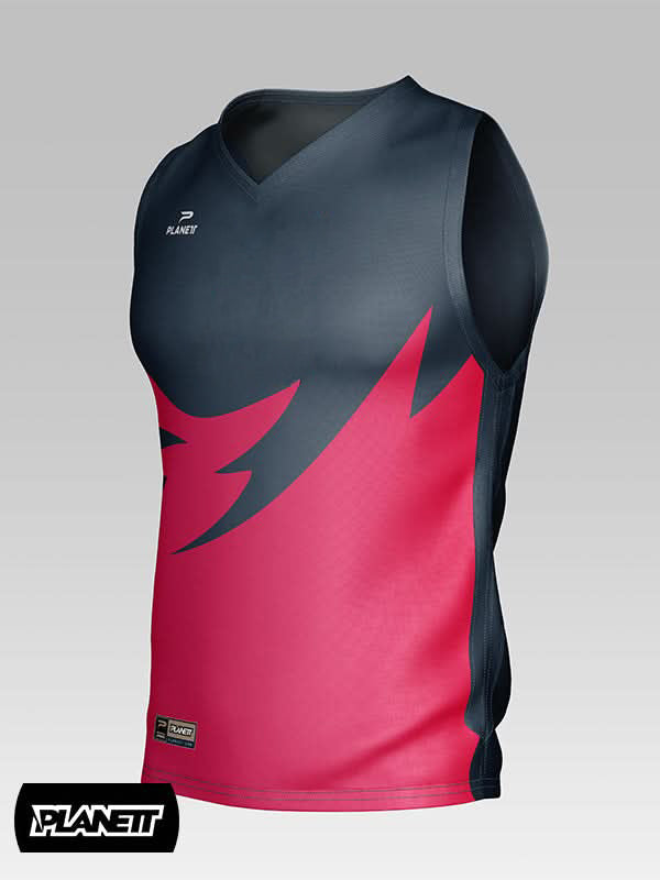 Sleeveless athletic shirt with a V-neck, featuring a dark gray top and a vibrant pink bottom with a jagged, lightning-bolt-like design separating the two colors.