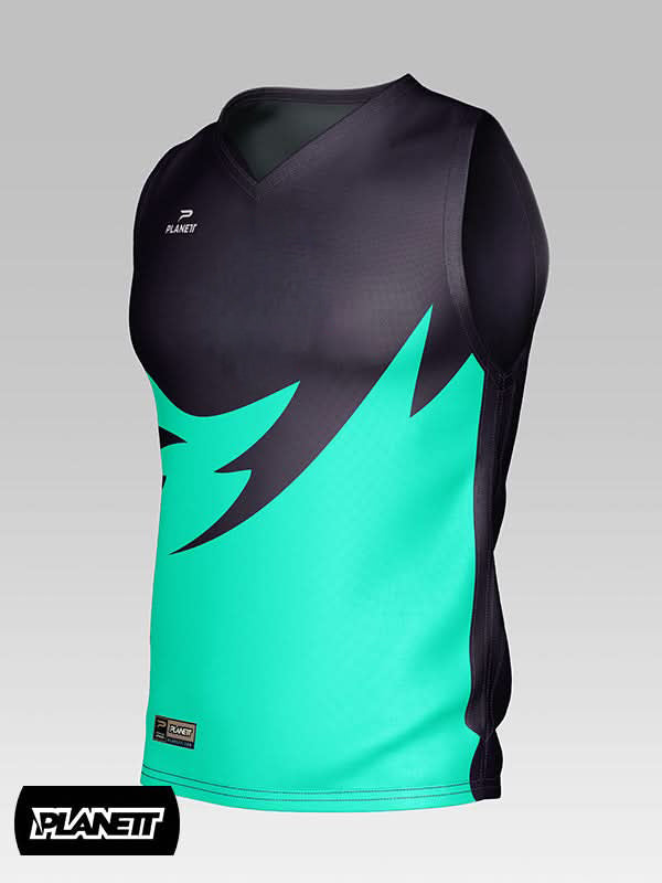 Sleeveless black and teal athletic shirt with a V-neck.