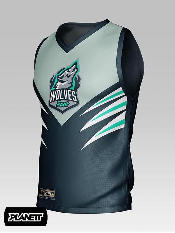 Sleeveless sports jersey with a V-neck, light gray upper, and dark gray lower featuring a wolf logo and white and teal accents.