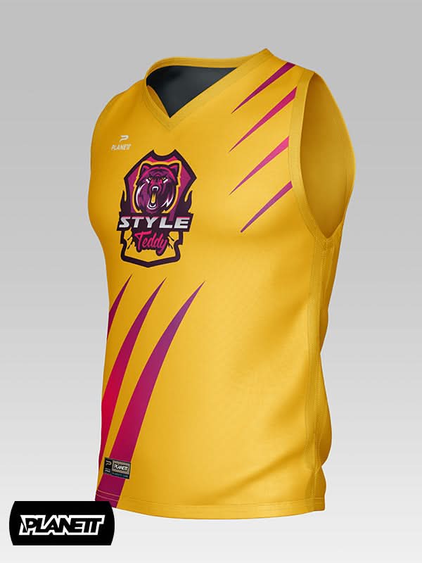 Yellow sleeveless athletic jersey with a V-neck and purple diagonal stripes.