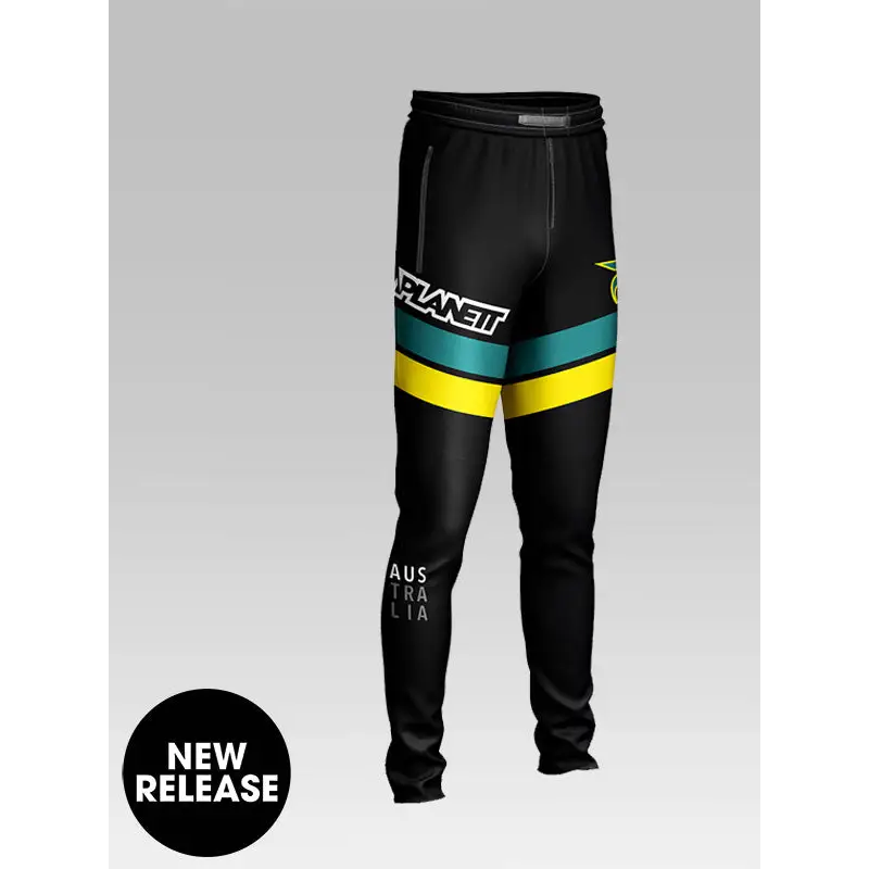 Black pants with colorful stripes and brand logo on a gray background