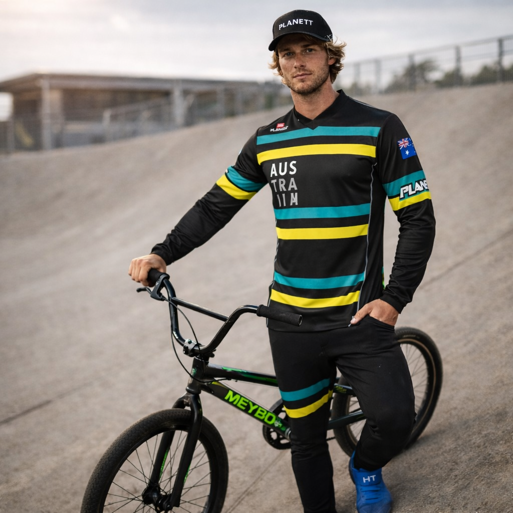 Black and yellow striped long-sleeve bmx cycling jersey with teal accents, featuring ’aus tram’ text across the chest and a small australian flag patch on the sleeve.
