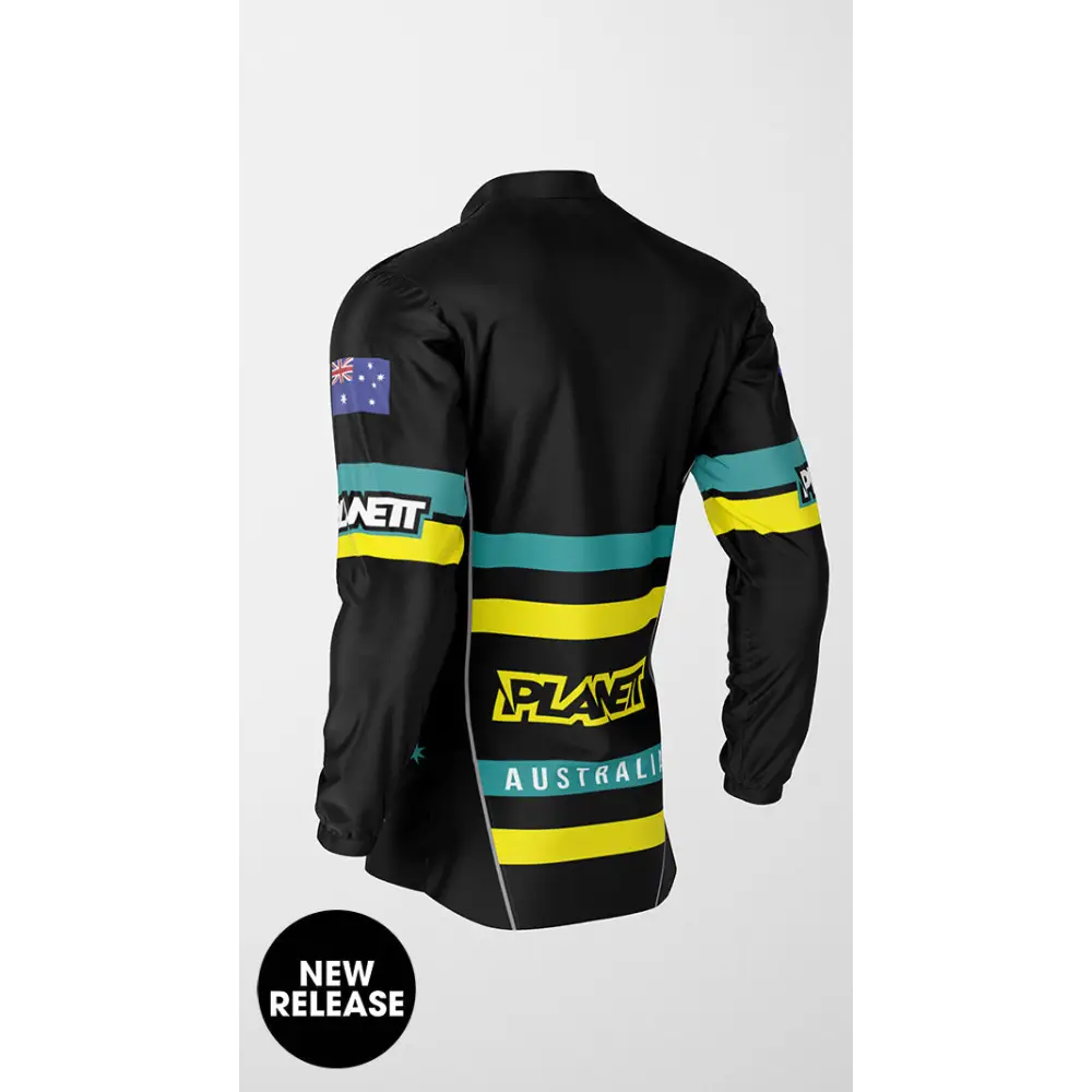 Black long-sleeved jersey with Australian flag and yellow and teal stripes.