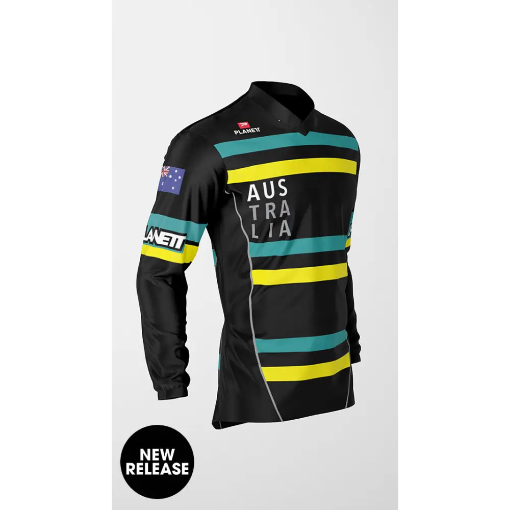 Black long-sleeved Australia-themed jersey.
