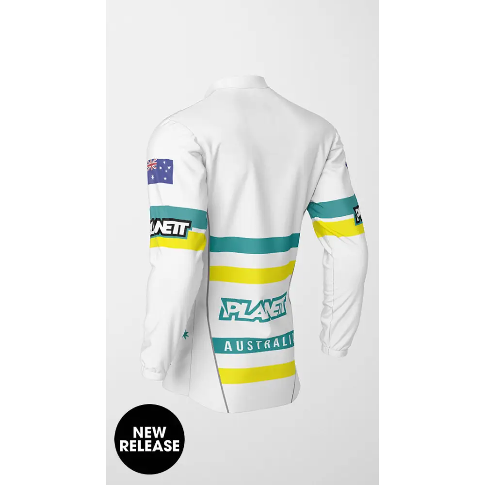 White long-sleeved jersey with Australian flag and stripes.