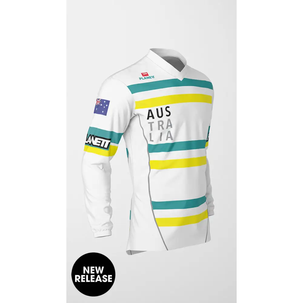 White long-sleeved Australia-themed jersey.