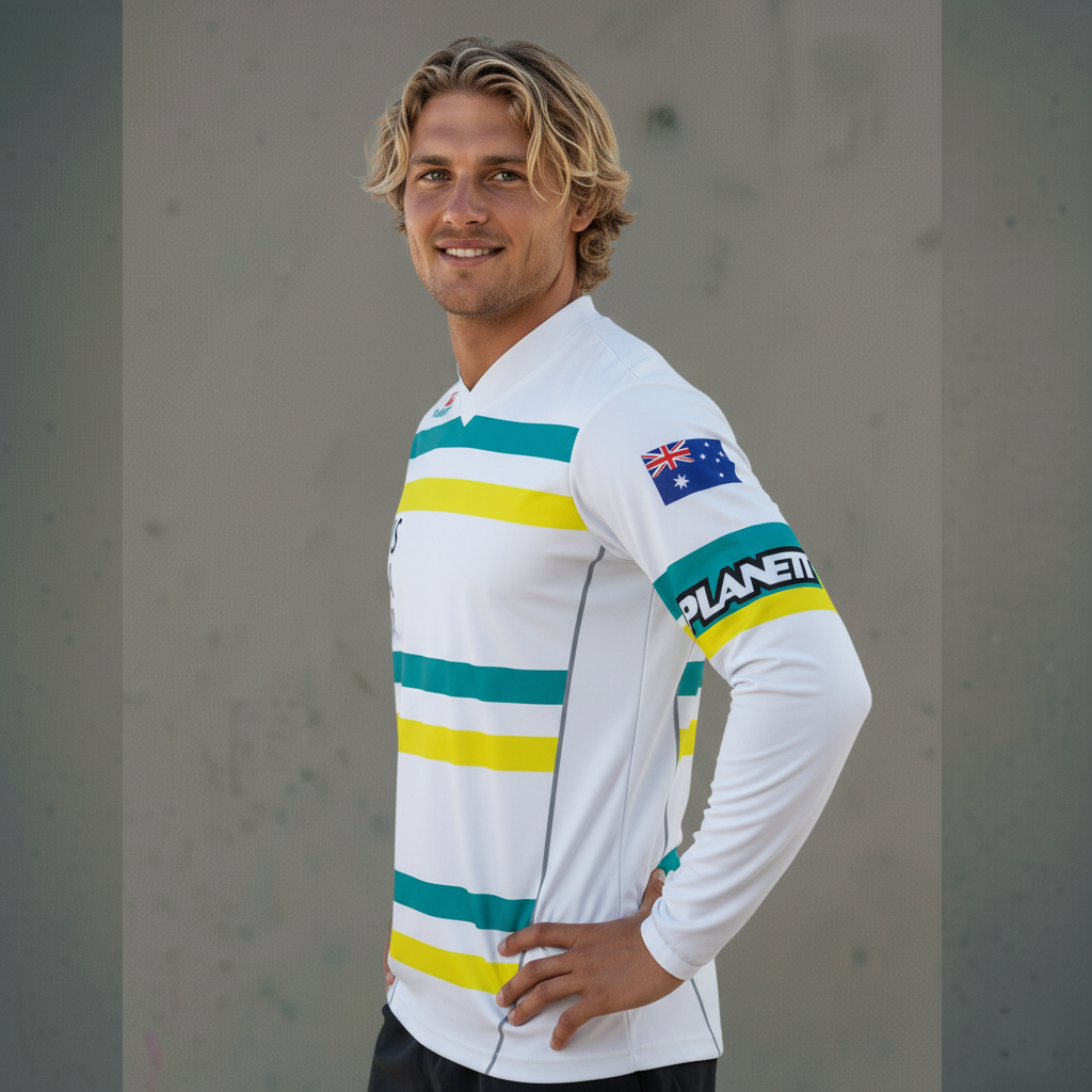 A man in a white long-sleeved shirt with horizontal teal and yellow stripes.