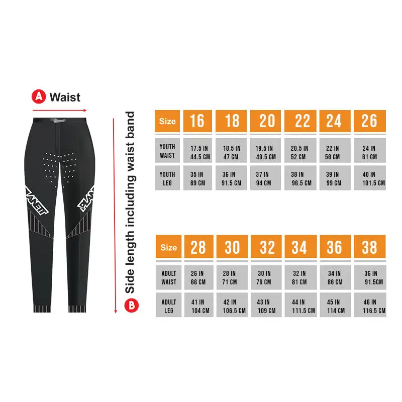 Pants sizing chart.
