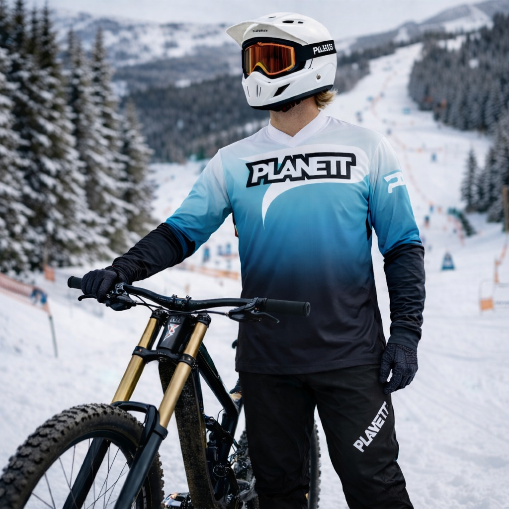 White helmet with orange-tinted goggles and black strap, featuring ’planett’ branding on the front