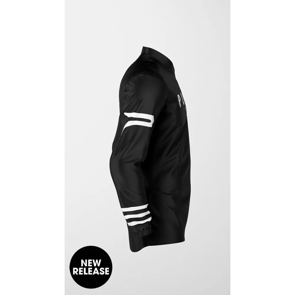 Black jacket with white stripes.