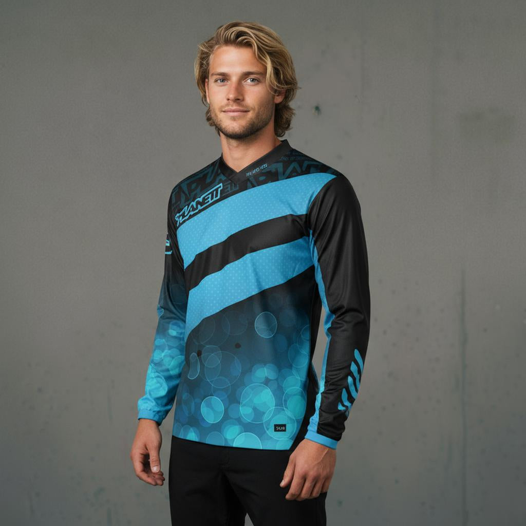 A long-sleeved athletic jersey in black and blue with a patterned bottom.