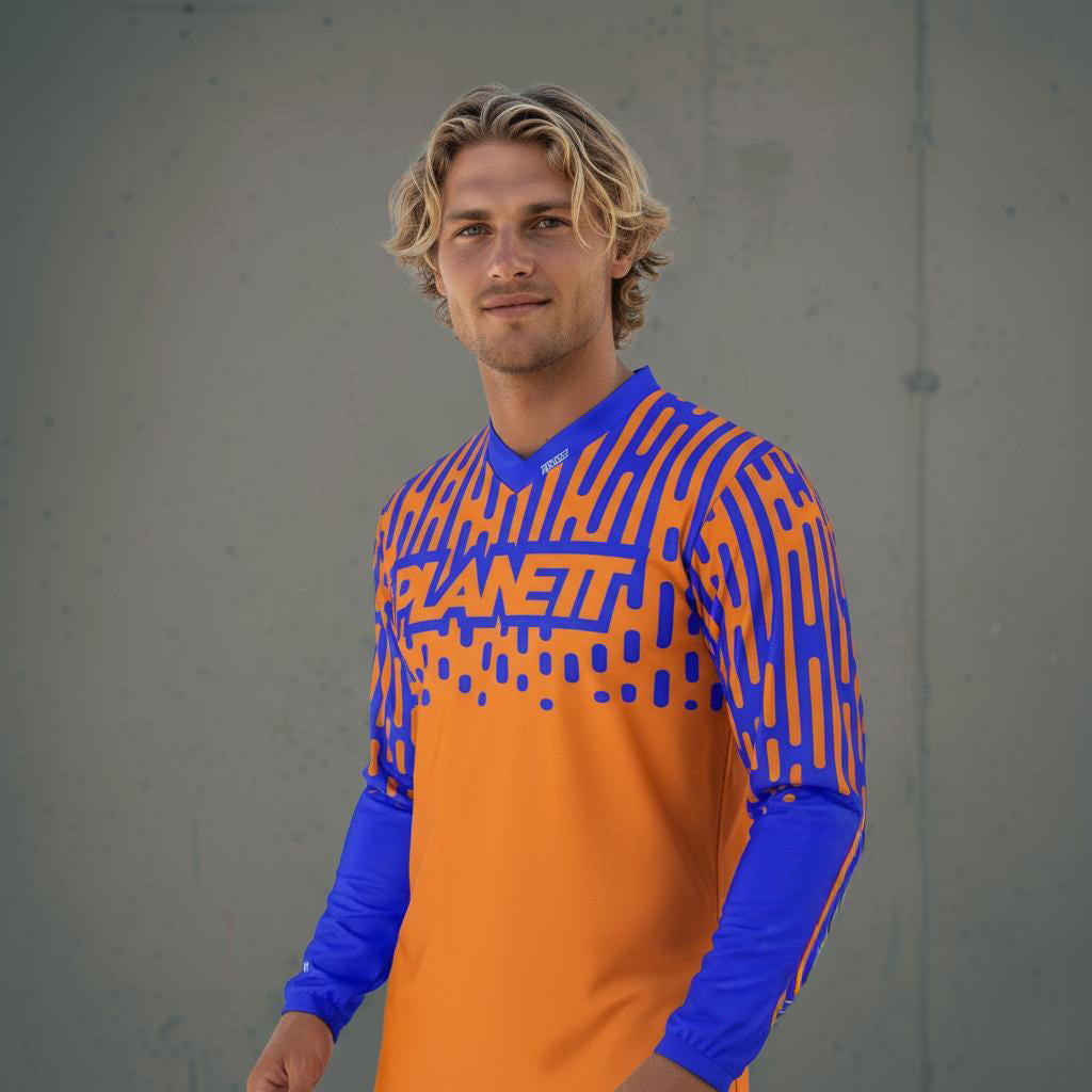 Men’s long-sleeved athletic shirt in orange and blue with a striped pattern.