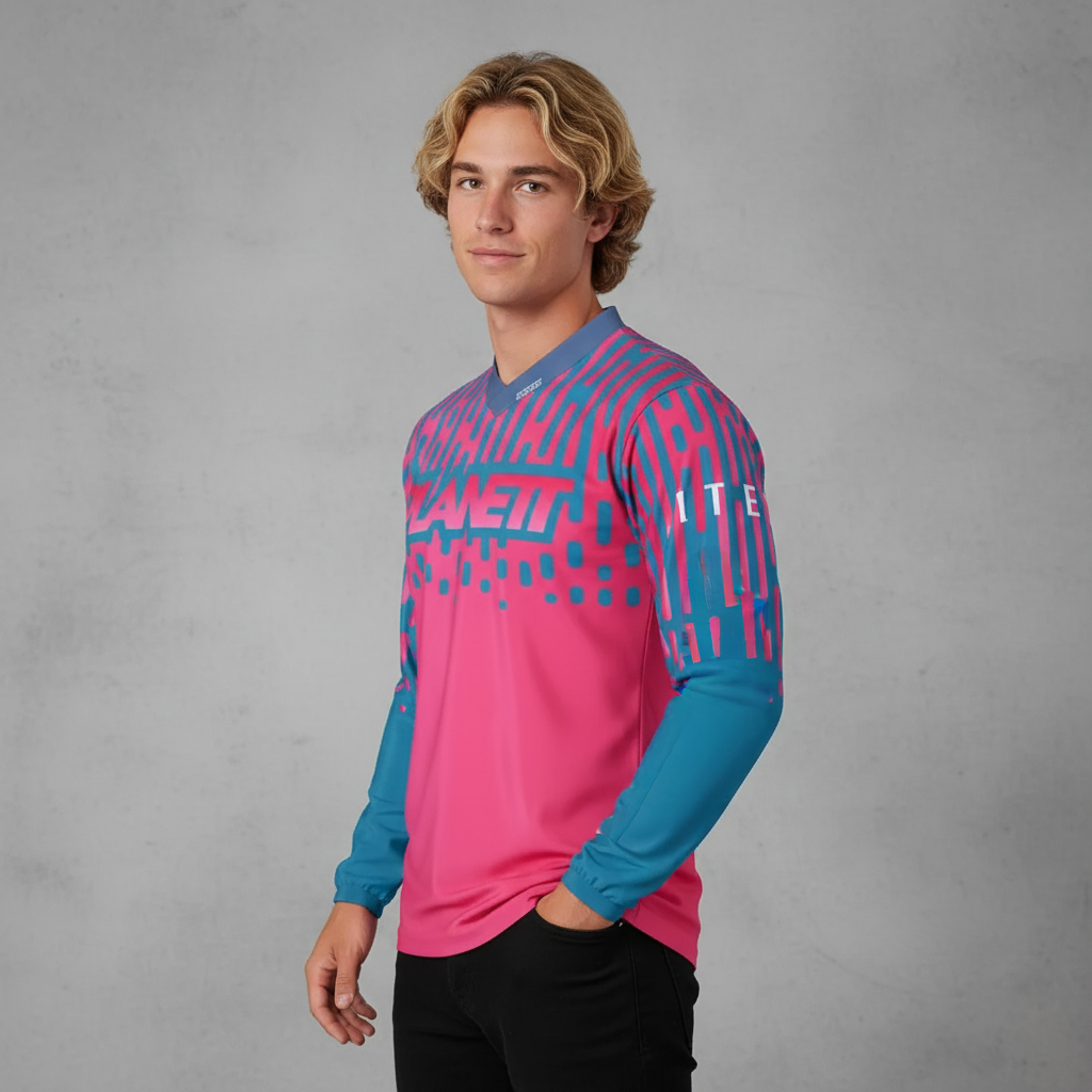Men’s long-sleeve motocross jersey in hot pink and teal with a geometric pattern.
