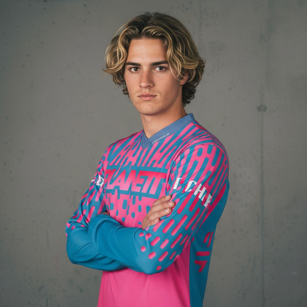 Young man with wavy blonde hair wearing a long-sleeved pink and blue patterned jersey.