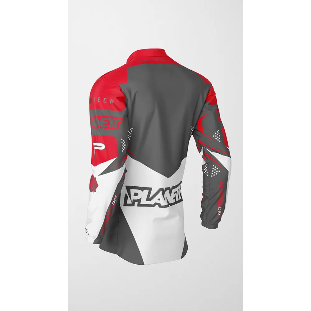 Red, gray, and white long-sleeved jersey.