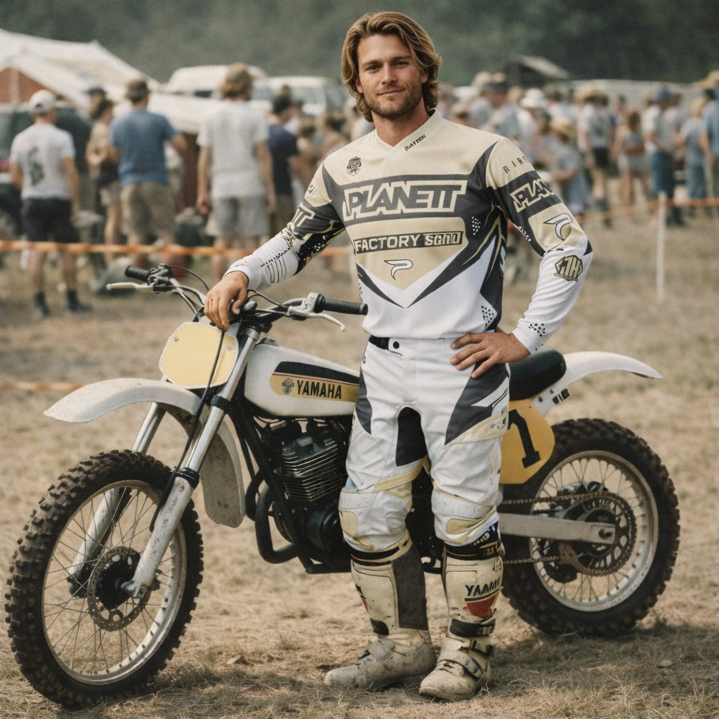 A vintage white and beige yamaha dirt bike with black accents, featuring a classic motocross design.