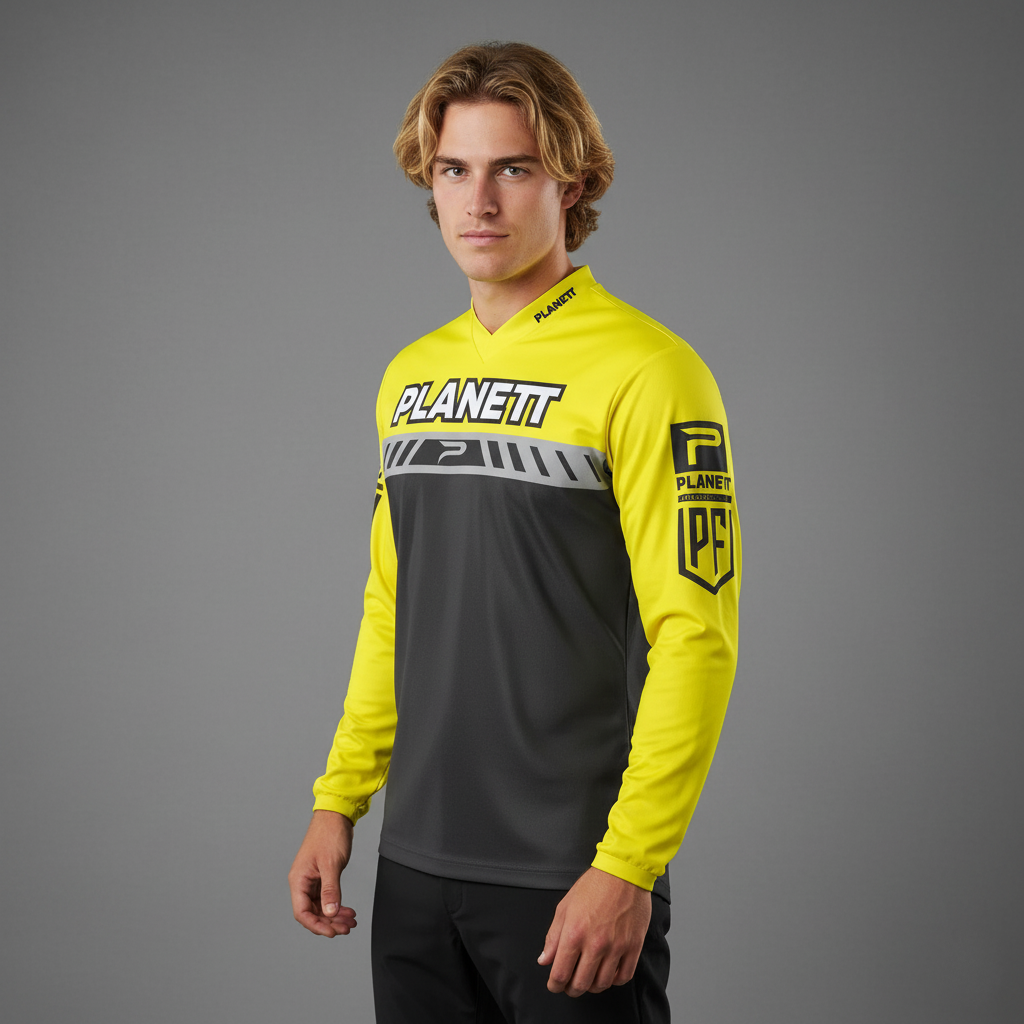 Men’s long-sleeve athletic shirt in black and bright yellow with graphic designs.
