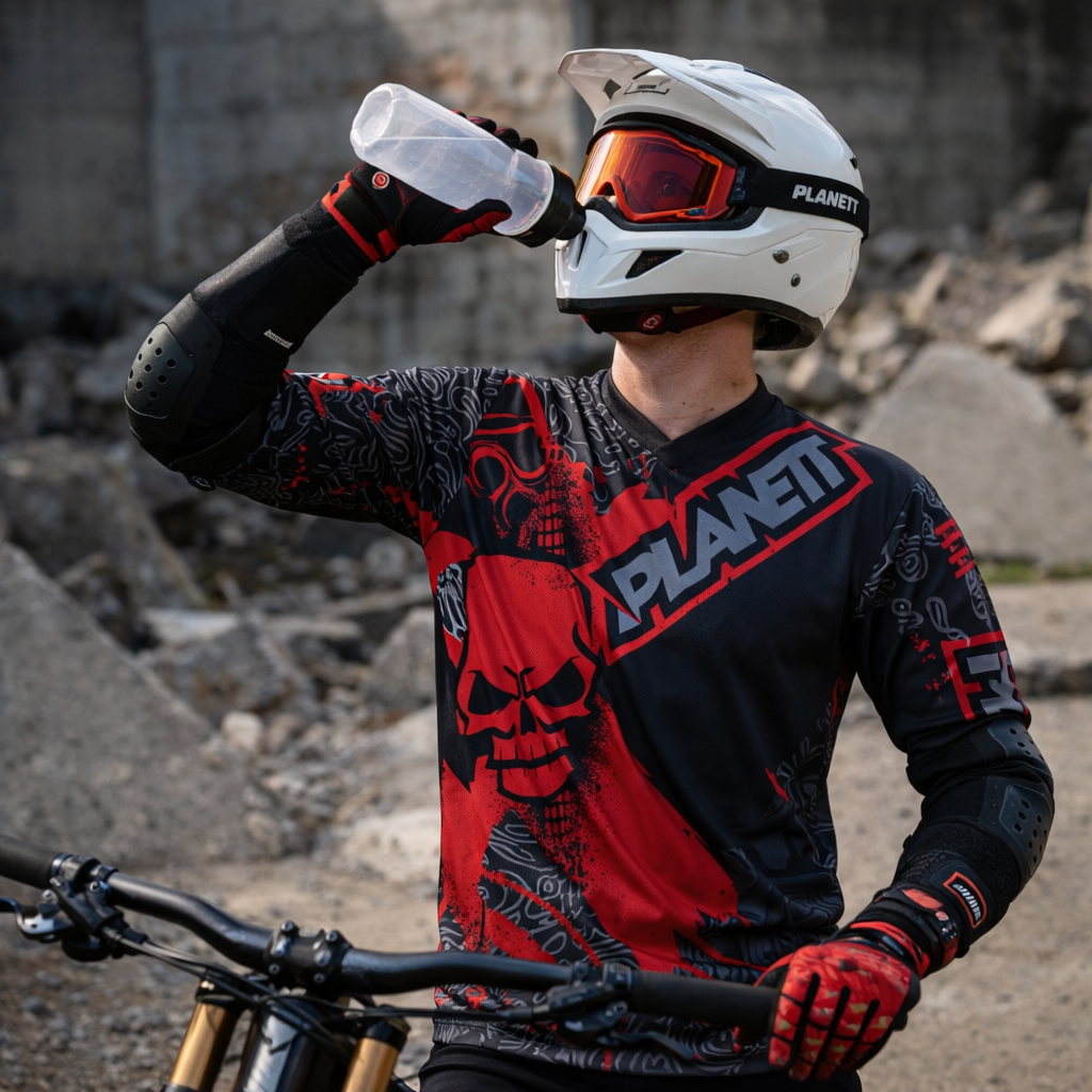 White planet helmet with red-tinted goggles and black straps.