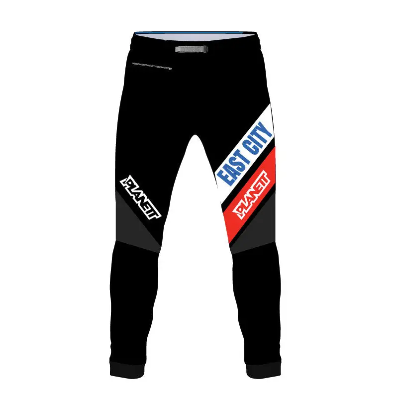 Black motocross pants with graphic accents.