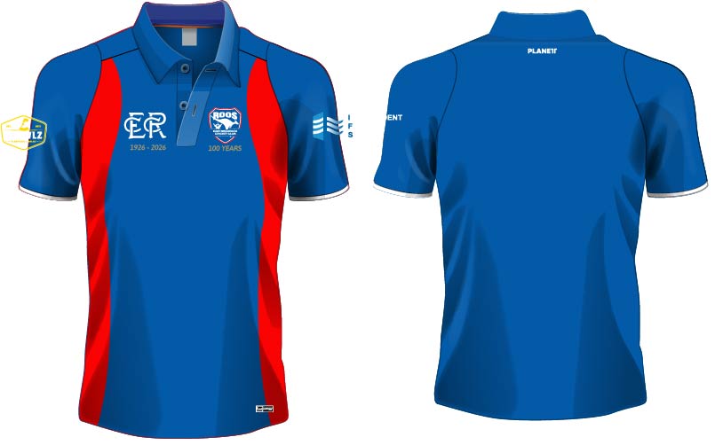 A blue and red polo shirt with white trim.