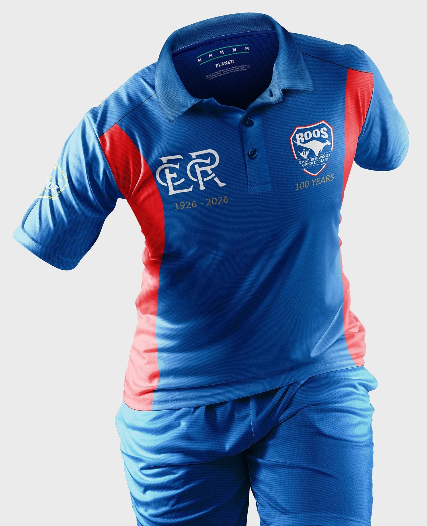 A blue and red short-sleeved polo shirt and matching long pants, designed for sports.