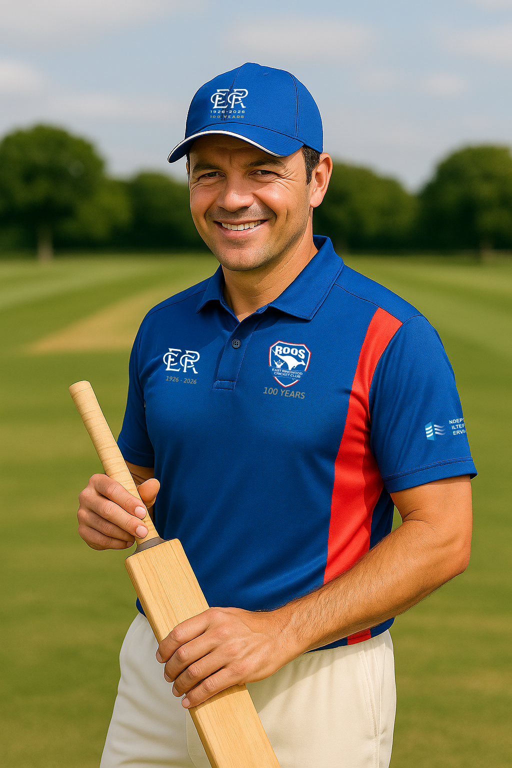 A male cricketer in a blue and red polo shirt and cap holding a cricket bat.
