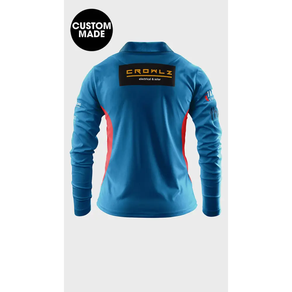 Blue and red long-sleeved shirt.