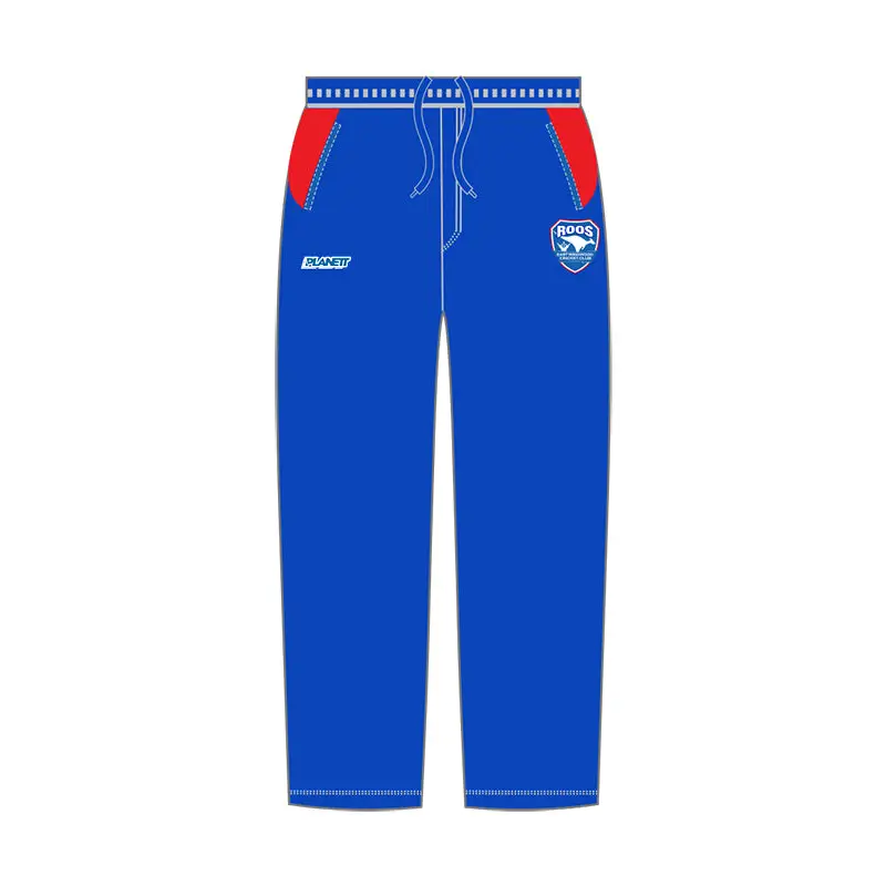 Blue and red drawstring sweatpants.
